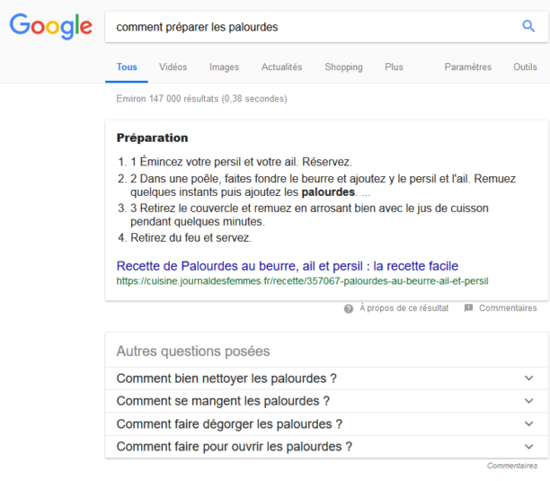 Относительно «Люди спрашивают» или «Другие вопросы задавались» на французском языке, это может использоваться, чтобы взять определенные названия вопросов и ответить на них на странице, чтобы лучше расположить это