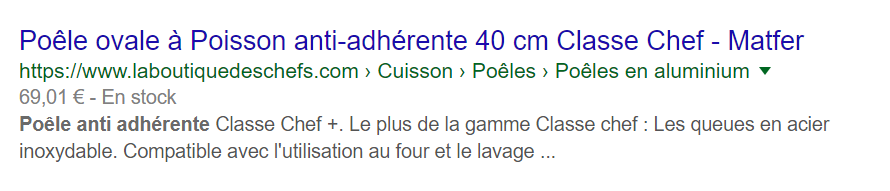 Давайте проанализируем отличный пример мета-описания, написанного членами команды веб-сайта La Boutique des Chefs для их антипригарной сковороды: